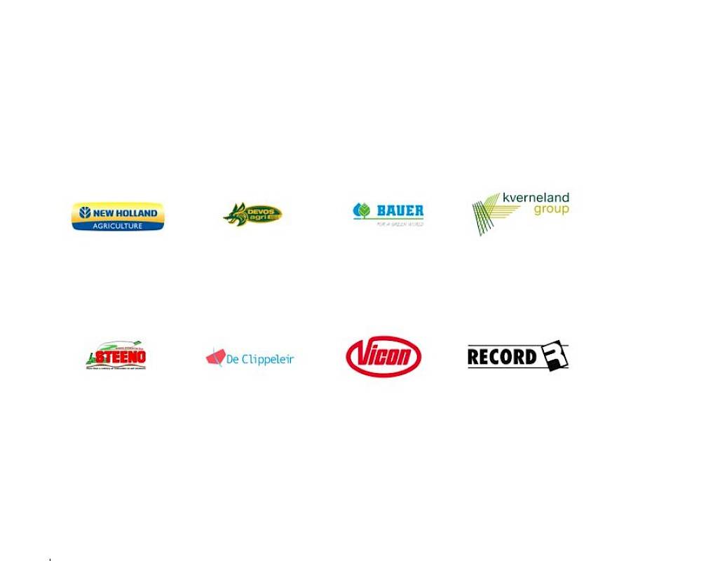 overzicht logo's merken: New Holland Agriculture, Devos Agri, Bauer, Kverneland group, Steeno, De Clippeleir, Vicon, Record